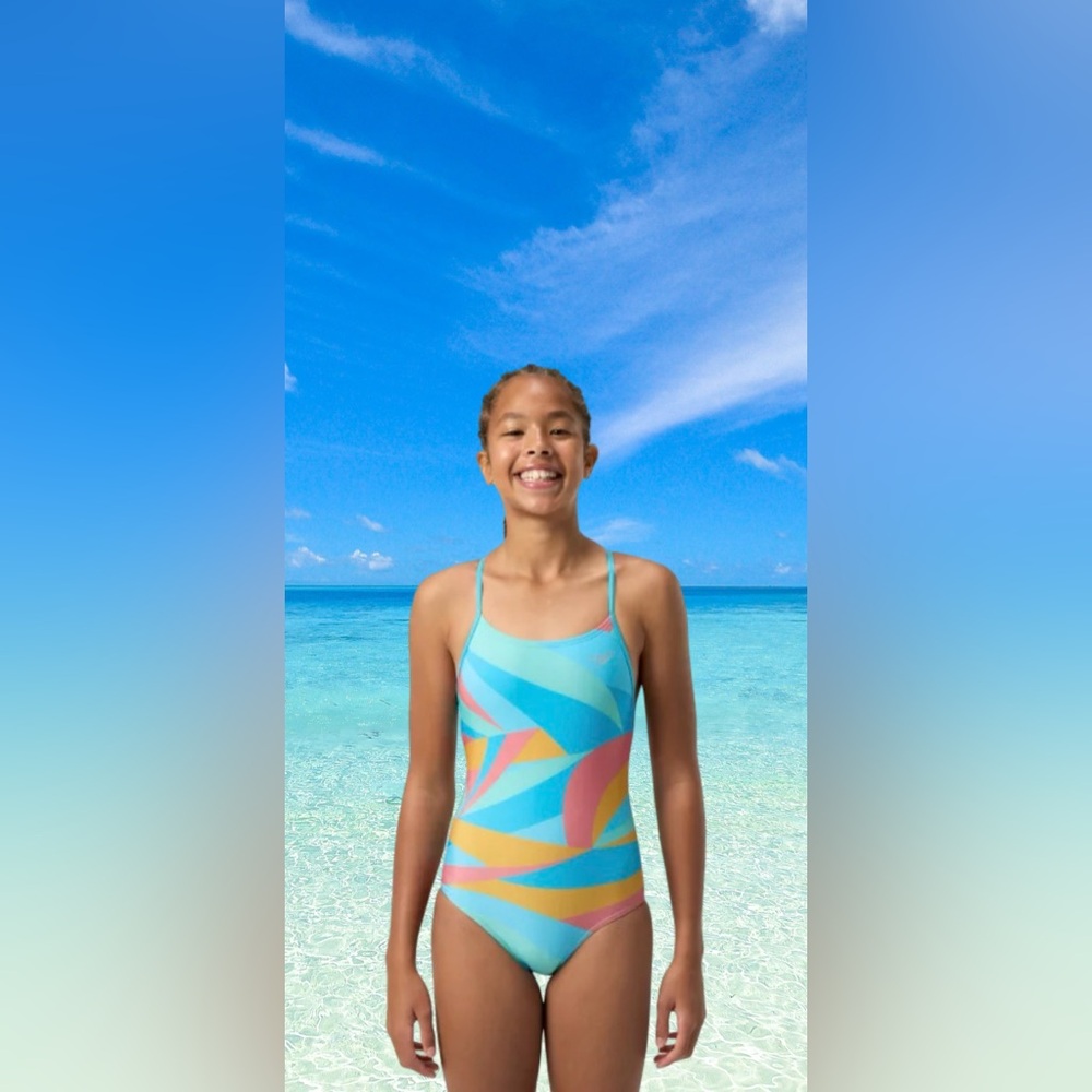 Speedo Youth Blue and Orange One Piece Swimsuit with Asymmetrical Cutout XS